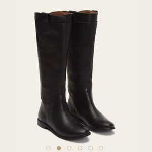 Frye Paige tall riding boot leather layer dark brown stack heel